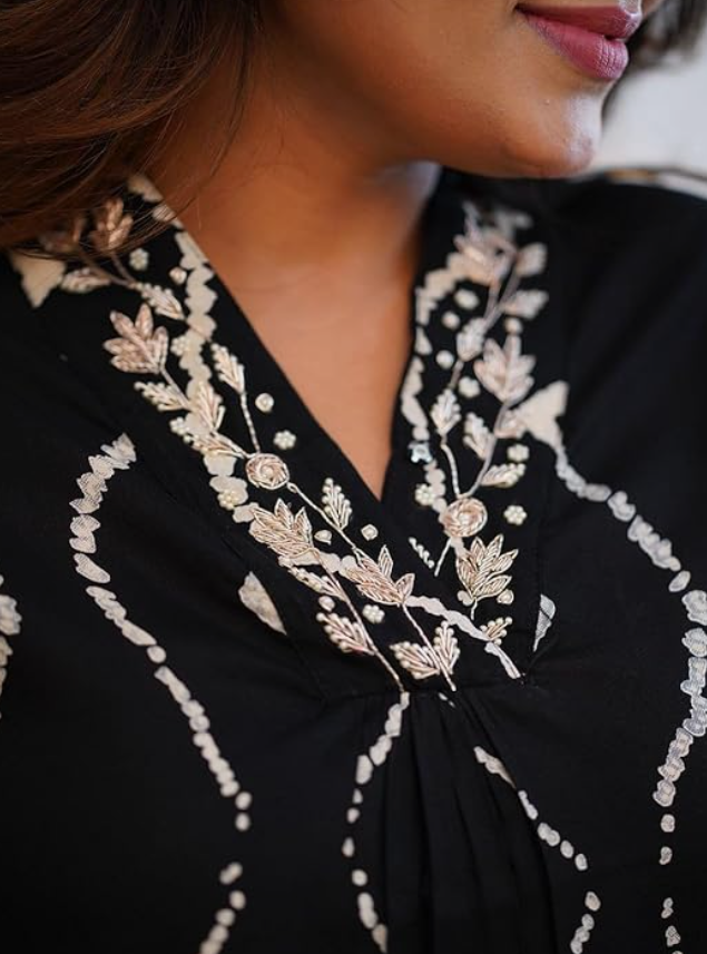 Women's Black Kurta Pant Set with Beautiful Neck Hand Embroidery Work