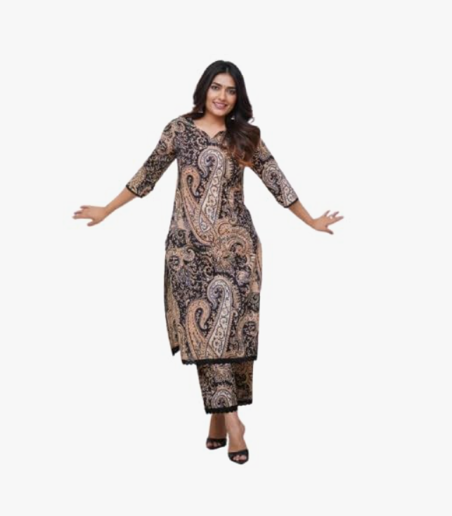Women's Paisley Print Kurta Pant Set - Brown and Black, 3/4 Sleeve