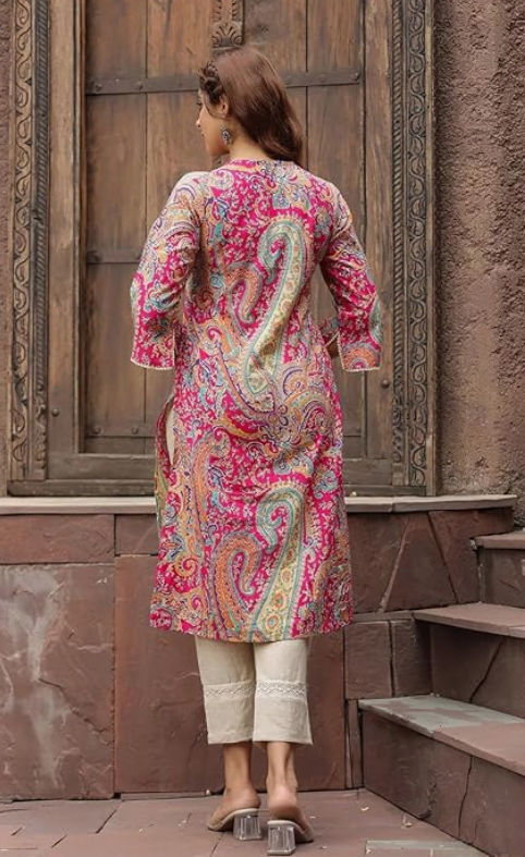 Women's Pink Paisley Print Cotton Kurta with 3/4 Sleeves - Knee Length