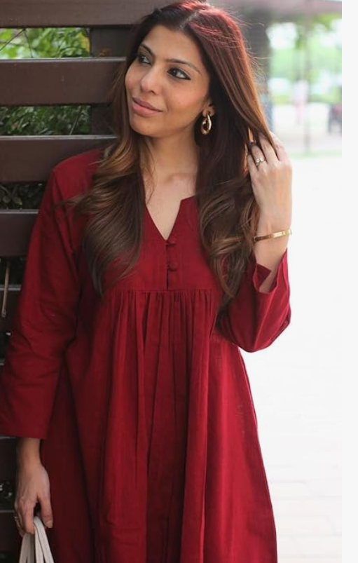 Women's Red Cotton Kurta Set with Pants - V-Neck Long Sleeve Empire Waist