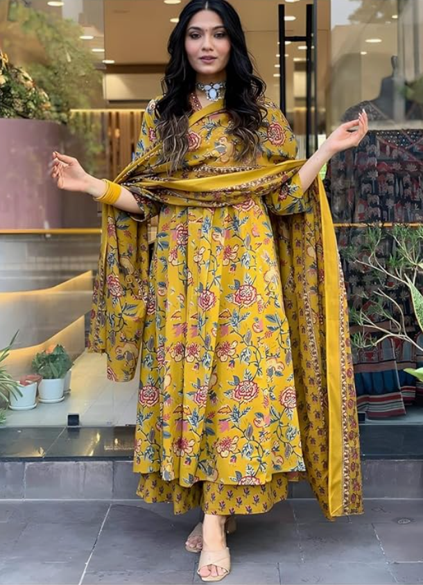 Designer Yellow Floral Print Anarkali Dress - Full Length Traditional Indian Style